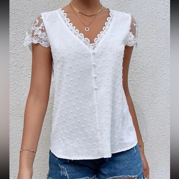 Elegant Sheer Mesh Swiss Dot Floral Print Lace Top Blouse Shirt Pink - Picture 5 of 7